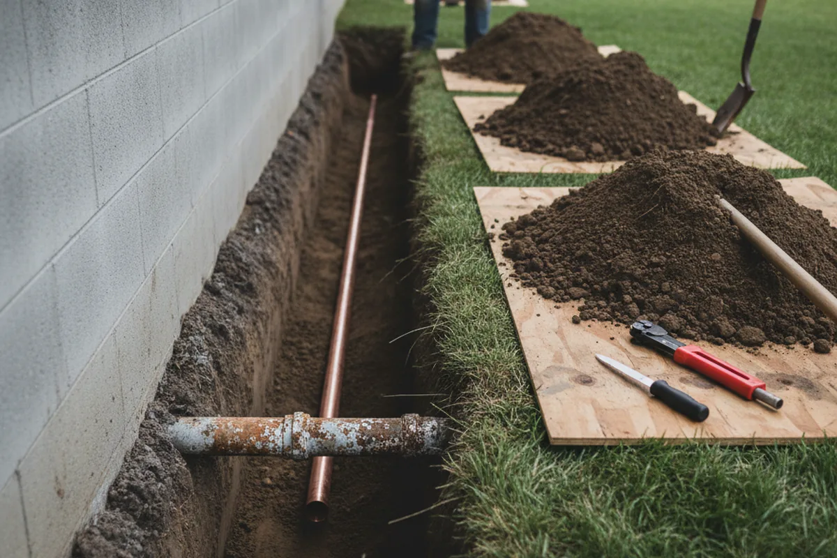 Excavated water line trench during Sewer Line Repair in Bringhurst
